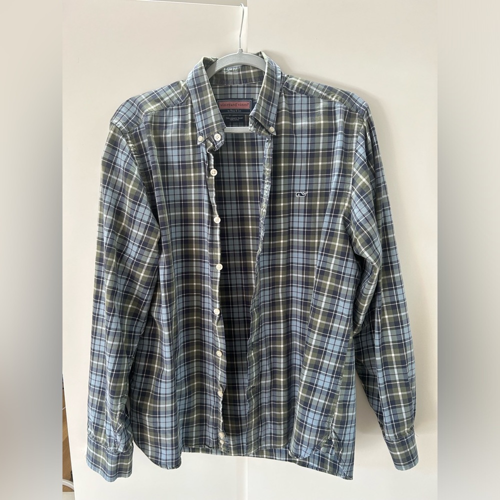 Vineyard Vines Men's Green and Blue Plaid Shirt
